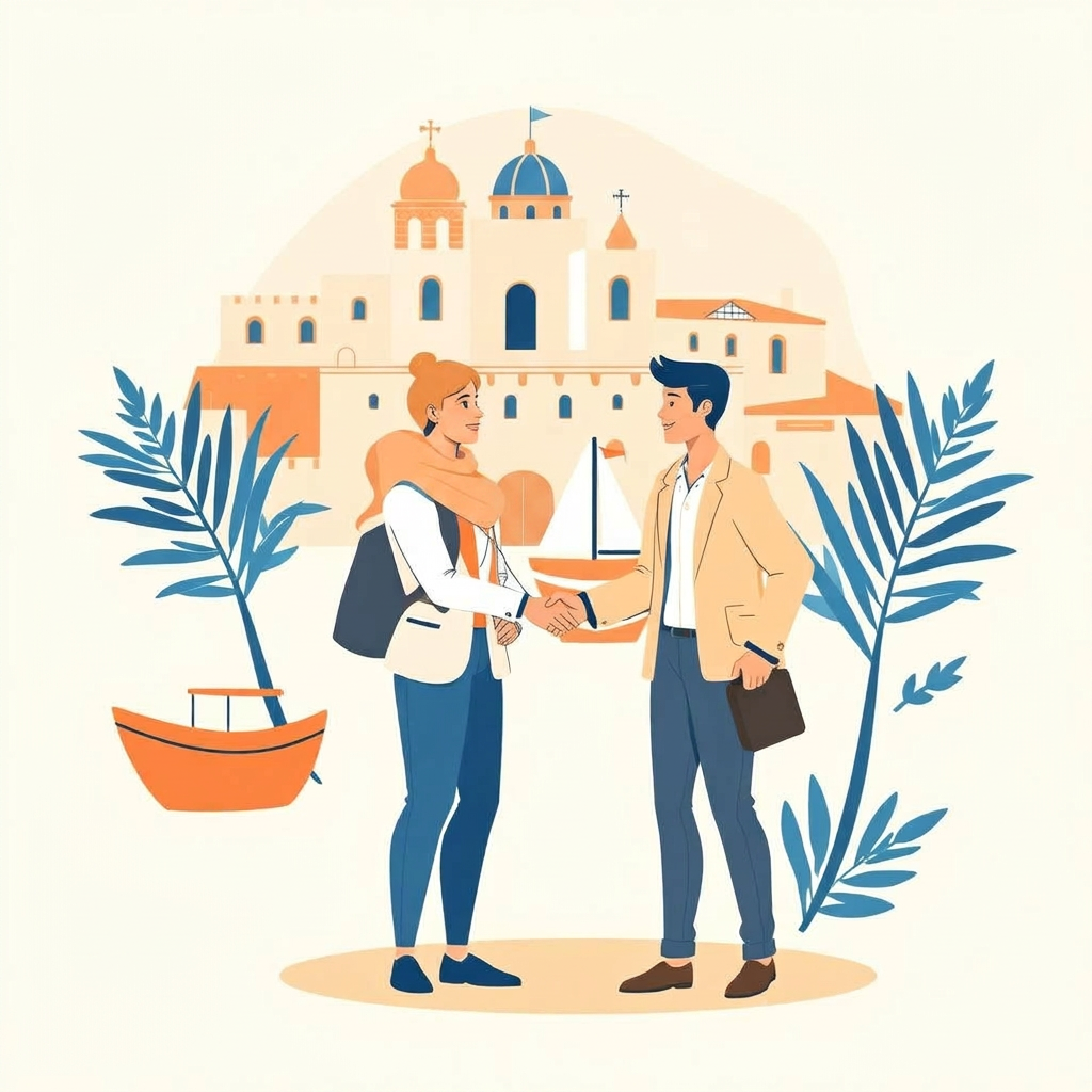 Illustrated tour guide and agency professional shaking hands with Malta landmarks behind them