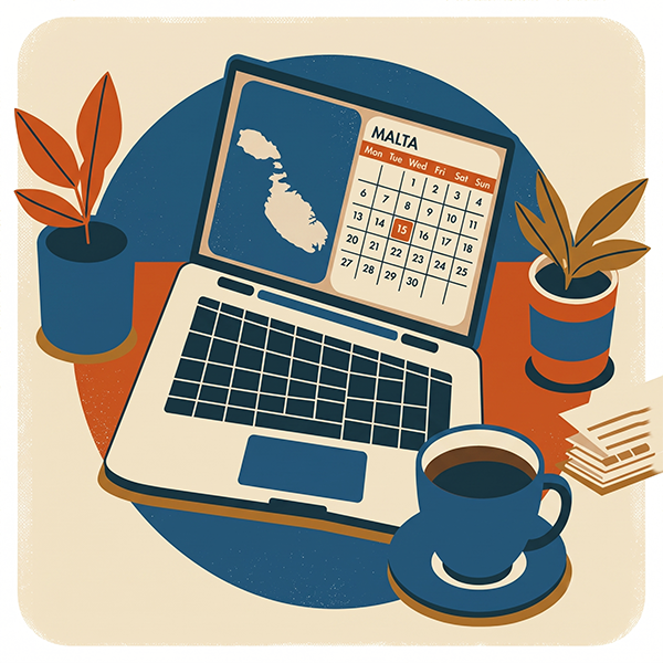 Travel agency desk with calendar and Malta map