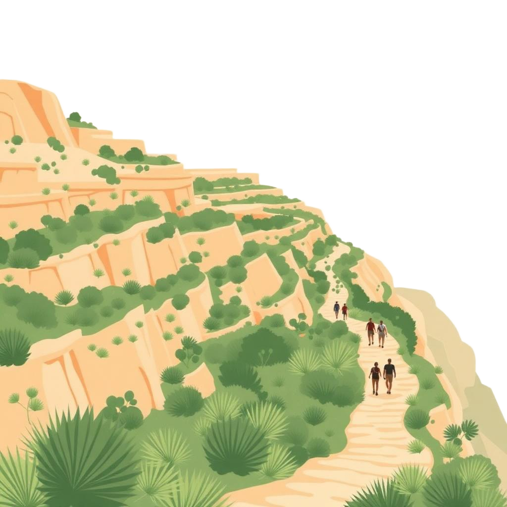 Hikers walking a terraced limestone path in Malta