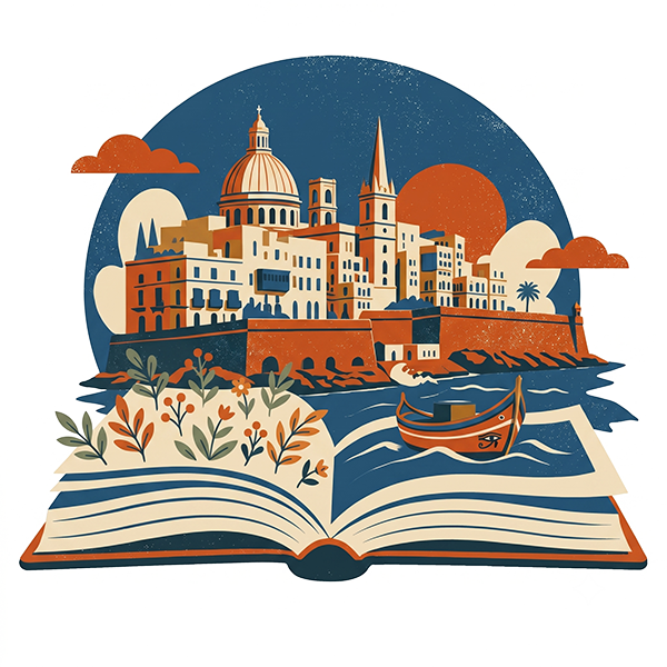 Illustrated open book with Valletta skyline and a luzzu boat